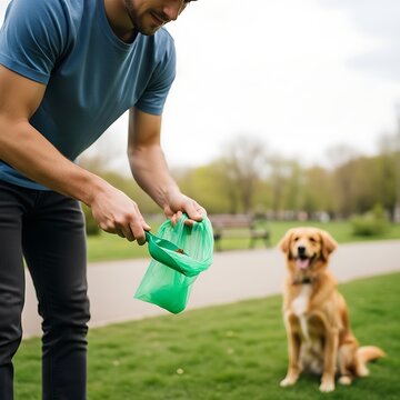 Young Man Cleaning Dog Waste with Green Bag in Sunny Park