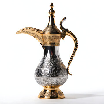 Single elegant Arabic dallah coffee pot for Eid al Adha feast concept, luxurious golden and silver metallic texture