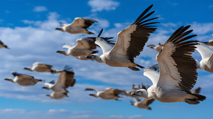 Obraz premium Birds fly high on International Vulture Awareness Day in open sky