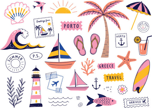 Vector Summertime Sea Travel Scrapbook Illustration with Hand Drawn Vacation Elements for Beach Adventure and Holiday Design Projects