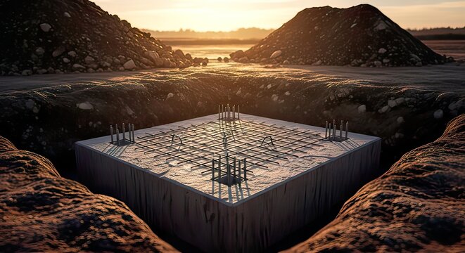 Concrete foundation block with rebar mesh grid at construction site