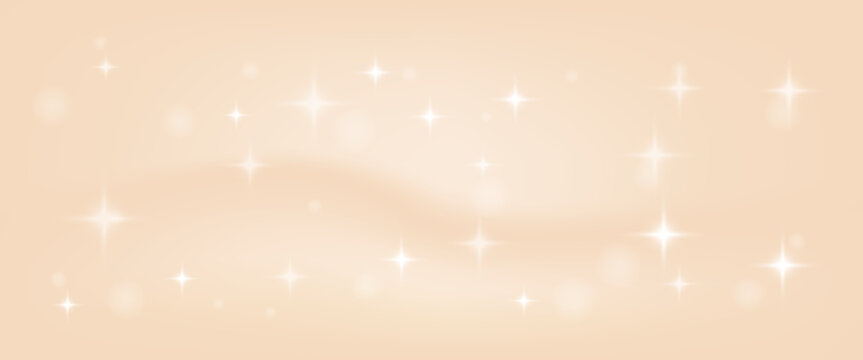 Beige nude background with gold glitter and gentle bokeh wallpaper. Subtle shine on peach backdrop for cosmetic packaging and beauty label. Vector beige sparkle background in soft pastel cream.