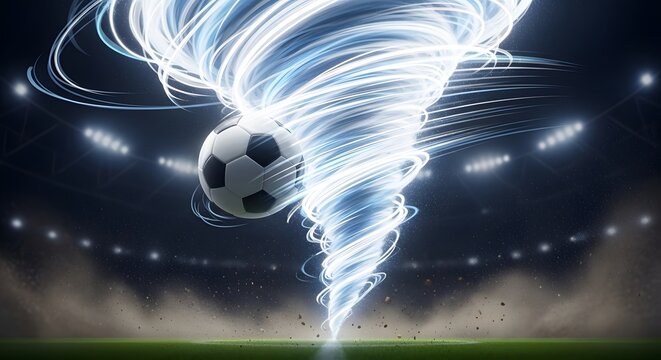 Dynamic soccer ball caught inside a powerful glowing white tornado whirlwind on a green grass field pitch inside a large illuminated sports stadium at night, high energy concept