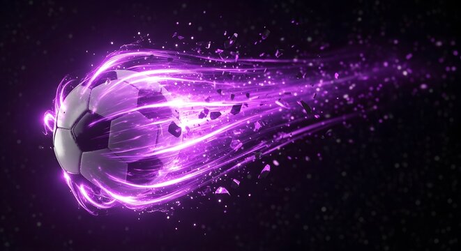 Dynamic soccer ball flying fast with explosive purple neon fire energy trails and shattering glass fragments against a dark black background, powerful cosmic sports concept