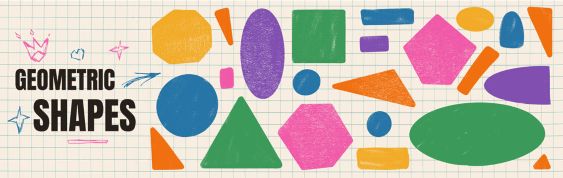 Childish shape with geometric crayon doodle in painted texture for school frame. Hand drawn shapes and circle in geometric layout. Vector kids border set with rectangle, circle, triangle on math paper