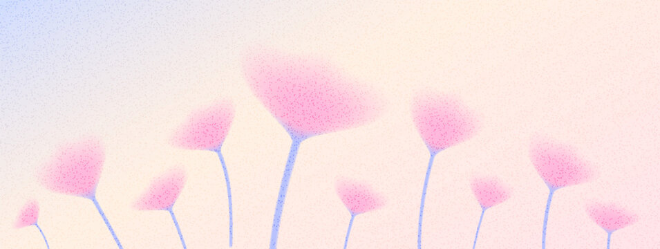 Grain noise and gradient floral on dot pink texture background. Grainy tulip bloom in pink for spring easter banner. Elegant wildflower vector with speckle and soft shadow in neutral tones.