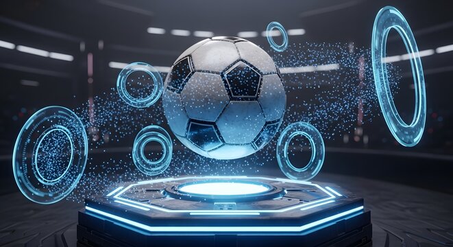 Futuristic soccer ball levitating above a glowing blue neon pedestal podium with digital holographic UI rings and particle effects inside a high tech virtual reality sports arena
