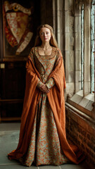 Obraz premium Europe medieval lifestyle. A portrait of a woman in a historical setting, likely a church or cathedral. She wears a long, flowing dress with intricate patterns in shades of green and orange.