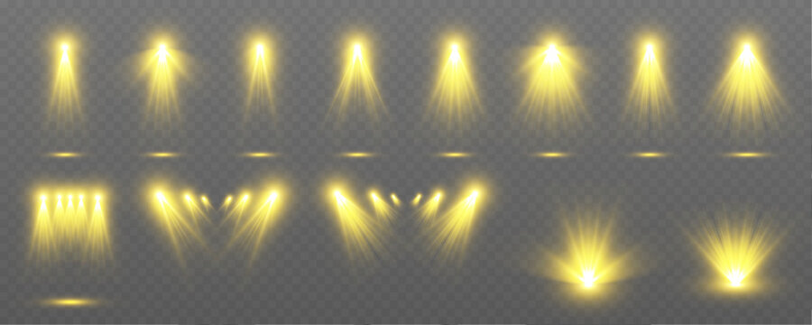 Bright spotlight beams shine across a dark stage, creating dramatic illumination and smooth glowing reflections. Soft haze enhances the atmosphere. A modern vector illustration for event design.