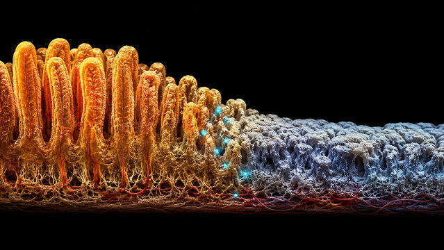 Intestinal villi comparison showing healthy tissue and atrophied damage from celiac disease