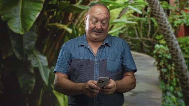 Man holding a smartphone in both hands, smiling and looking up on a garden pathway lined with palm leaves; calm reflection.