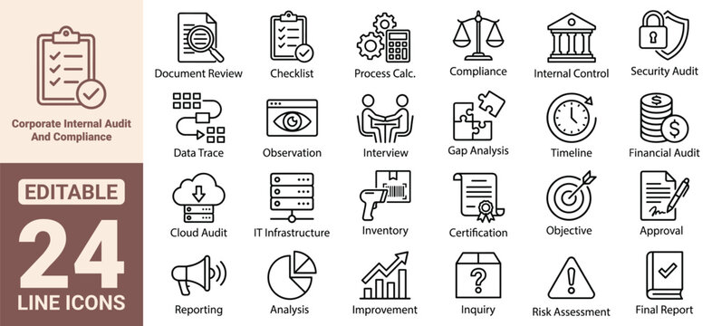 Corporate Internal Audit and Compliance Icon Set Featuring Document Review Checklist Process Calculation Security Risk Assessment Gap Analysis Cloud Sync and Reporting Icons