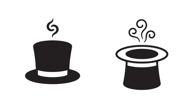 Hats magic duo with steam rising from tops, one top hat and one magician's hat featuring illustration, black and white, pair with illusion and