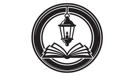 Lantern emblem hanging over open book with flame drop inside circle badge for reading night festival design © TAIFUR
