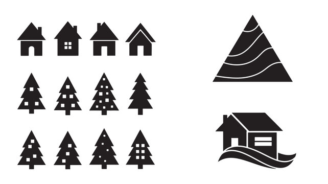 House icons and Christmas trees vector illustration collage with black silhouettes and white details for holiday design