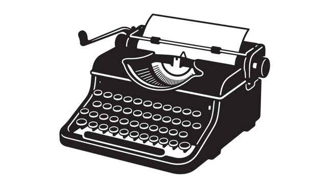 Typewriter retro silhouette with vintage keys, ink roller, and ribbon, monochrome line art icon for writing and publishing designs