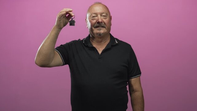 Senior hispanic man holding house keychain in raised right hand in studio pink backdrop wearing black polo shirt; homeownership pride.
