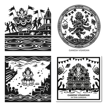 Ganesh Visarjan mountain river scene with festival shrine