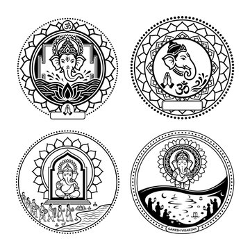Ganesha round icon set with mandala and landscape