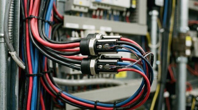 Medium shot of smart connectors with embedded thermistor sensors capturing realtime temperature changes in industrial wiring setups.