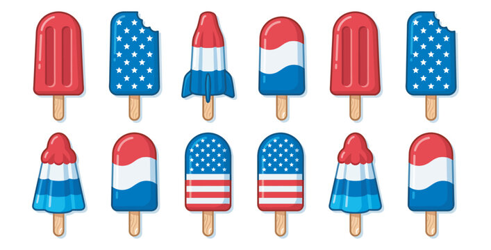 Collection of patriotic red white and blue popsicles and ice cream bars on sticks on transparent background