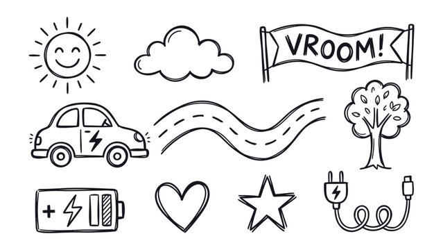Doodle Elements for Electric Car Journey: A collection of hand-drawn elements illustrating an electric car journey, including a smiling sun, a cloud, a VROOM! banner, a winding road, a tree.
