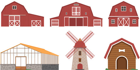 Red agriculture farm barns greenhouse windmill and dog house buildings vector cartoon flat illustration set © MdMojnu