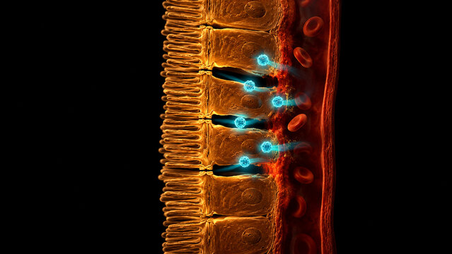 Cross-section of intestinal barrier with disrupted tight junctions and leaking molecules