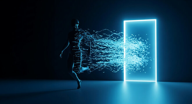 Human consciousness transforming into data particles at digital gateway