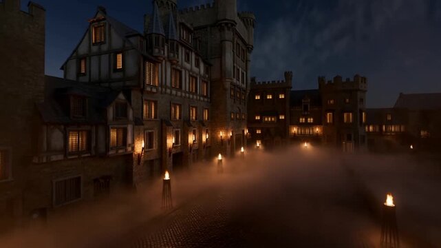 Panning shot across medieval cobblestone street with lit torches, creeping fog and timbered buildings at night