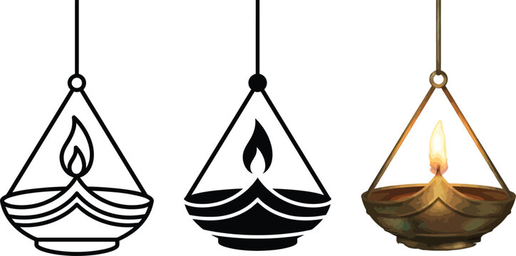 Collection of hanging diya lamps traditional Indian festival lights in outline silhouette and realistic styles isolated on white
