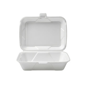 Empty polystyrene takeout container with lid open on one side isolated on transparent background