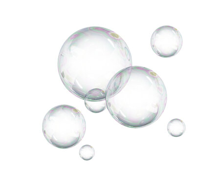 3D Soap bubble floating on white background. Water foam bubbles with rainbow colors. Realistic iridescent ball. Soap transparent balloon. 3D Rendering