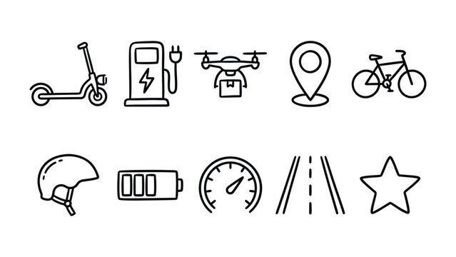 Modern Mobility Icons: A collection of minimalist line icons representing various aspects of modern transportation and technology, including an electric scooter, charging station, drone, map pin.