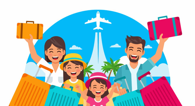 Happy family with two children ready for summer vacation trip.