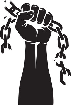 Raised fist clenching broken chains symbolizing strength and liberation