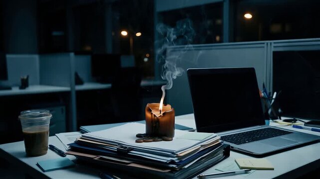 Burning candle on desk with stack of paper in dark office. Employee burnout and stress concept. Overworked professional fatigue and mental exhaustion at night.