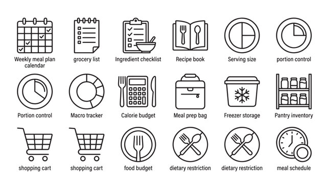 Black Line Icons For Meal Planning And Nutrition Concepts On White Background