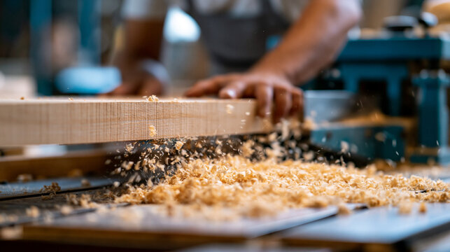 Rough timber plank being fed through an industrial thickness planer, curling wood shavings falling to the workshop floor below, woodworking and lumber processing concept,