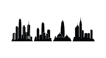 Obraz premium Four black cityscape silhouettes are presented as a flat vector illustration against a white background. The designs feature varying building