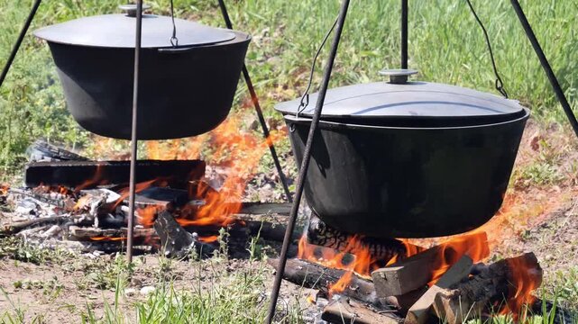 Close-up shot of traditional cast-iron cauldrons (kazan) boiling over a bright campfire wood fire. Thick smoke and dancing flames under the pots