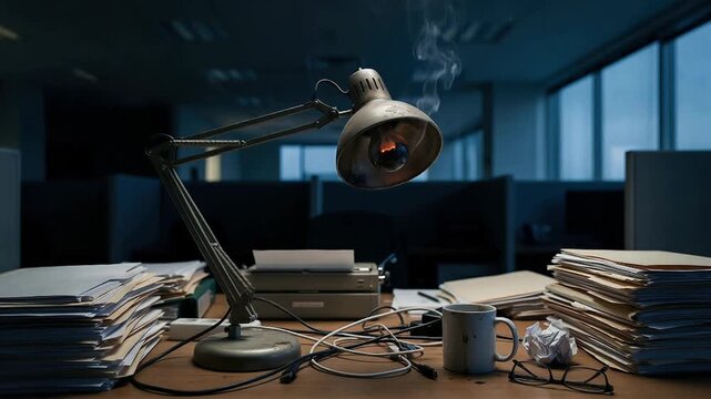 Overworked employee desk with smoking lamp in office. Business burnout and exhaustion concept. Stacks of paper, crumpled documents and coffee cup at night work.