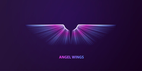 Fototapeta premium Abstract angel wings fantasy design. Glowing neon feathers create a mystical and futuristic look. Decorative vector illustration for spiritual, magic, and dream themes.
