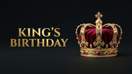 King's Birthday celebration banner, royal gold crown with red velvet and jewels on black background, majestic monarch coronation concept