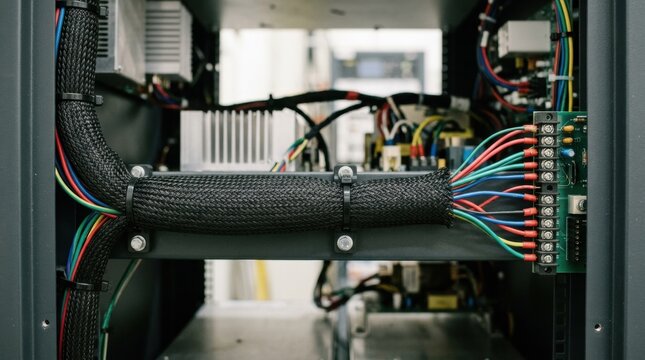 Closeup medium view inside FM transmitter cabinet highlighting braided loom protecting internal wiring harness emphasizing durability and professional cable arrangement.