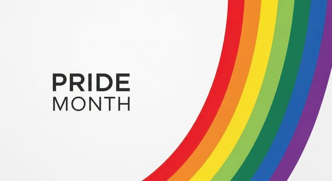 Pride Month typography on white background, rainbow flag arc graphic, LGBTQ community celebration banner, colorful pride month event poster