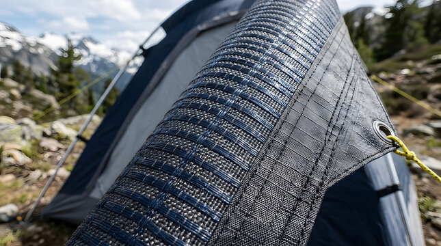 blue tent exterior detail with woven fabric and mountain backdrop