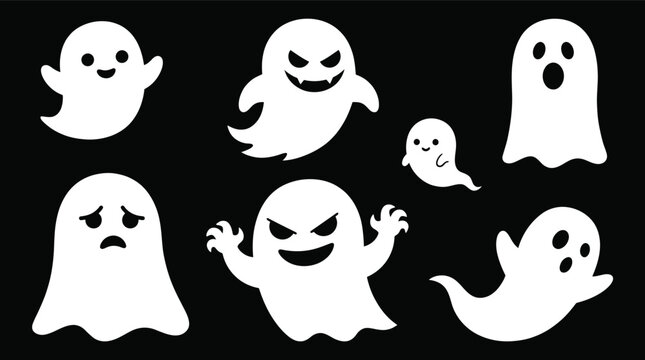 set of cute ghost creation kit, changeable face, flat design vector for halloween