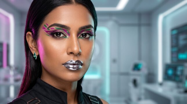 Futuristic beauty portrait, a stunning woman with bold metallic silver lipstick and vibrant neon eye makeup. Sci-fi fashion and avant-garde style for modern cosmetic campaigns and digital art.