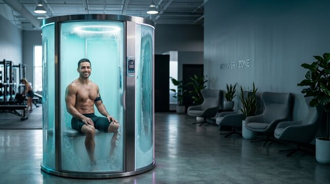 Cryotherapy chamber treatment, a modern wellness and recovery therapy. Athletic man in a full-body cryo sauna, health and fitness technology.
